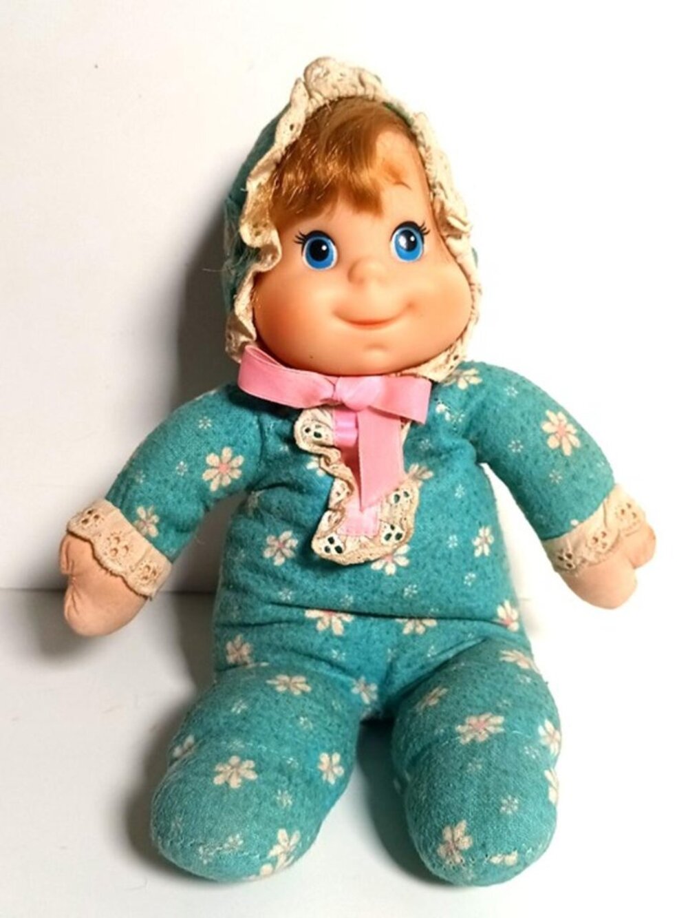 Vintage 1970 Mattel Talking Baby Beans Doll Teal Daisy Floral Works